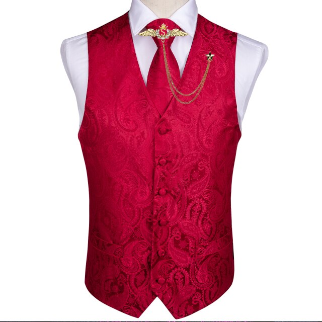 Fashion Silk Suit Vest Formal Dress Vest Fitness Sleeveless Jacket Wedding Waistcoat Bow Tie Necktie Pocket Square Set DiBanGu