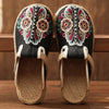 Veowalk Women Casual Linen Handmade Embroidery Mules Flat Slippers Retro Vegan Summer Ladies Canvas Comfortable Espadrille Shoes