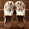 Veowalk Women Casual Linen Handmade Embroidery Mules Flat Slippers Retro Vegan Summer Ladies Canvas Comfortable Espadrille Shoes