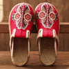 Veowalk Women Casual Linen Handmade Embroidery Mules Flat Slippers Retro Vegan Summer Ladies Canvas Comfortable Espadrille Shoes