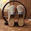 Veowalk Women Casual Linen Handmade Embroidery Mules Flat Slippers Retro Vegan Summer Ladies Canvas Comfortable Espadrille Shoes