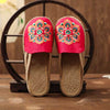 Veowalk Women Casual Linen Handmade Embroidery Mules Flat Slippers Retro Vegan Summer Ladies Canvas Comfortable Espadrille Shoes