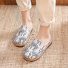 Veowalk Women Casual Linen Handmade Embroidery Mules Flat Slippers Retro Vegan Summer Ladies Canvas Comfortable Espadrille Shoes