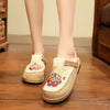 Veowalk Women Casual Linen Handmade Embroidery Mules Flat Slippers Retro Vegan Summer Ladies Canvas Comfortable Espadrille Shoes