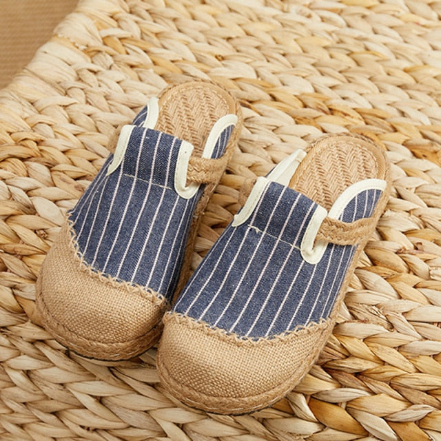 Veowalk Women Casual Linen Handmade Embroidery Mules Flat Slippers Retro Vegan Summer Ladies Canvas Comfortable Espadrille Shoes
