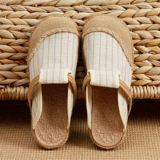 Veowalk Women Casual Linen Handmade Embroidery Mules Flat Slippers Retro Vegan Summer Ladies Canvas Comfortable Espadrille Shoes