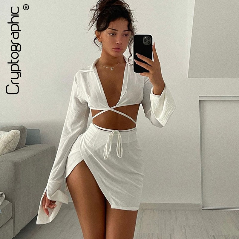 Cryptographic Fashion Outfits Bandage Tie Front Top and Skirt Sets Women 2021 Fall Matching Set Split Skirt Club Party Clothes