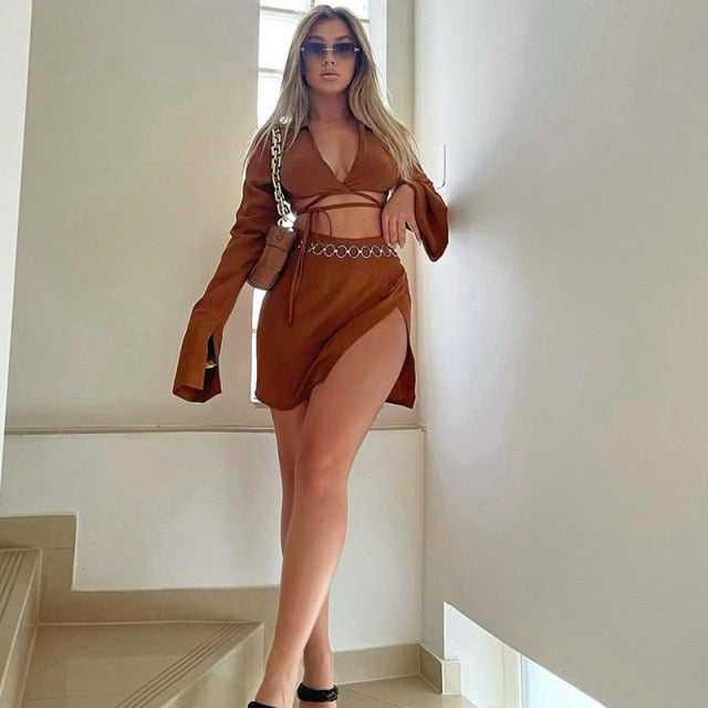 Cryptographic Fashion Outfits Bandage Tie Front Top and Skirt Sets Women 2021 Fall Matching Set Split Skirt Club Party Clothes