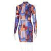 Dulzura Tie Dye Print Long Sleeve Mini Dress High Neck Bodycon Sexy Streetwear Party Club Women 2021 Summer Clothes Slim Fashion