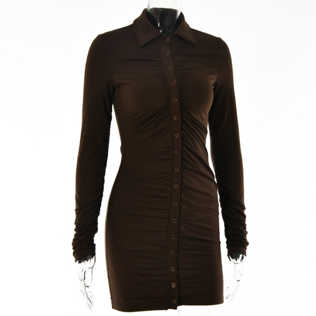 Articat New Autumn Casual Women's Dresses Vintage Bodycon Single-breasted Summer Dress Simply Ruched Y2K Women's Clothing 2021