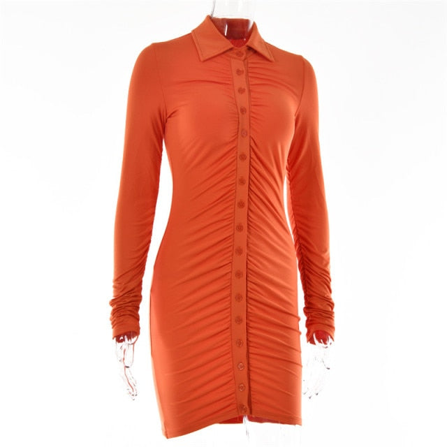 Articat New Autumn Casual Women's Dresses Vintage Bodycon Single-breasted Summer Dress Simply Ruched Y2K Women's Clothing 2021
