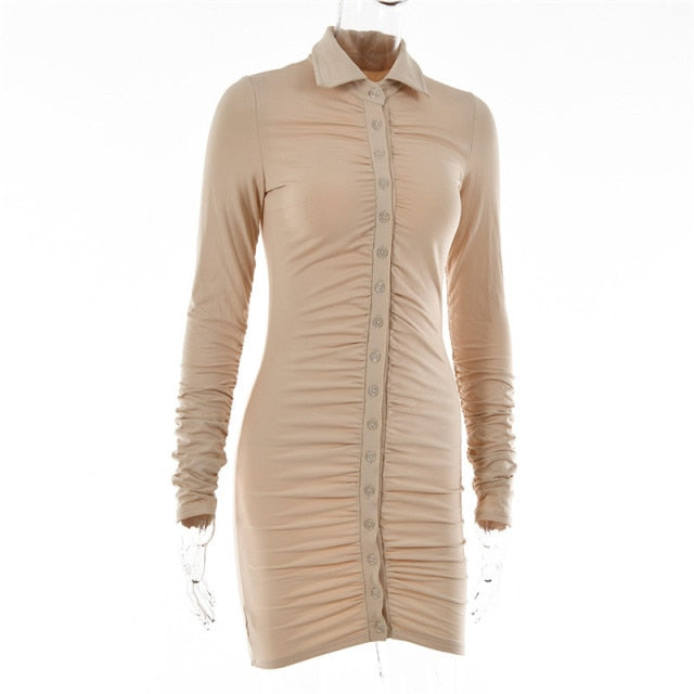 Articat New Autumn Casual Women's Dresses Vintage Bodycon Single-breasted Summer Dress Simply Ruched Y2K Women's Clothing 2021