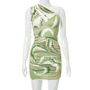 Ggbaofan Brown  Sexy One Shoulder Swirl Print Cut-Out Mini Dress Elegant Bodycon Dress Ruched Night Club Party Outfits Clothing