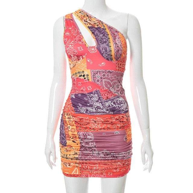 Ggbaofan Brown  Sexy One Shoulder Swirl Print Cut-Out Mini Dress Elegant Bodycon Dress Ruched Night Club Party Outfits Clothing