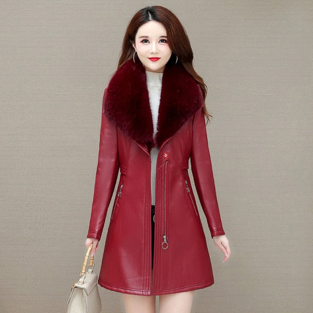 Autumn Winter Women PU Leather Jacket Mid-Long  Thickening Black Jacket Faux Fur-neck Warm Coat Motorcycle Outwear Overcoat