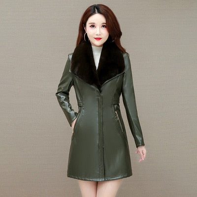 Autumn Winter Women PU Leather Jacket Mid-Long  Thickening Black Jacket Faux Fur-neck Warm Coat Motorcycle Outwear Overcoat