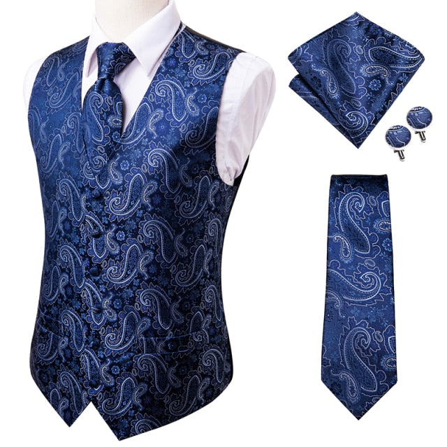 Novelty Slim 4PC Vest Necktie Hanky cufflinks Silk Men's Waistcoat Neck Tie Set for Suit Dress Wedding Paisley Floral Vests Fat