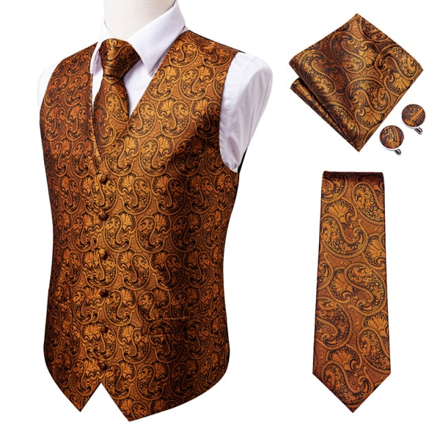 Novelty Slim 4PC Vest Necktie Hanky cufflinks Silk Men's Waistcoat Neck Tie Set for Suit Dress Wedding Paisley Floral Vests Fat