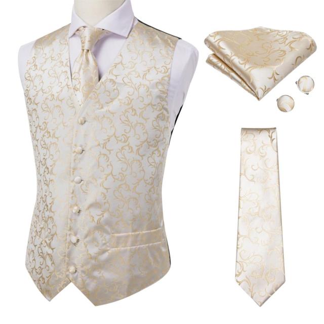Novelty Slim 4PC Vest Necktie Hanky cufflinks Silk Men's Waistcoat Neck Tie Set for Suit Dress Wedding Paisley Floral Vests Fat