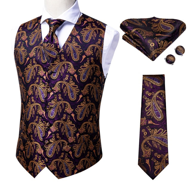 Novelty Slim 4PC Vest Necktie Hanky cufflinks Silk Men's Waistcoat Neck Tie Set for Suit Dress Wedding Paisley Floral Vests Fat