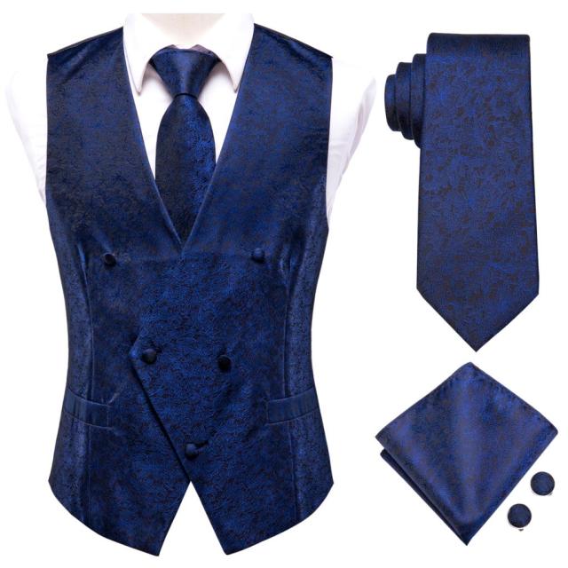 Novelty Slim 4PC Vest Necktie Hanky cufflinks Silk Men's Waistcoat Neck Tie Set for Suit Dress Wedding Paisley Floral Vests Fat