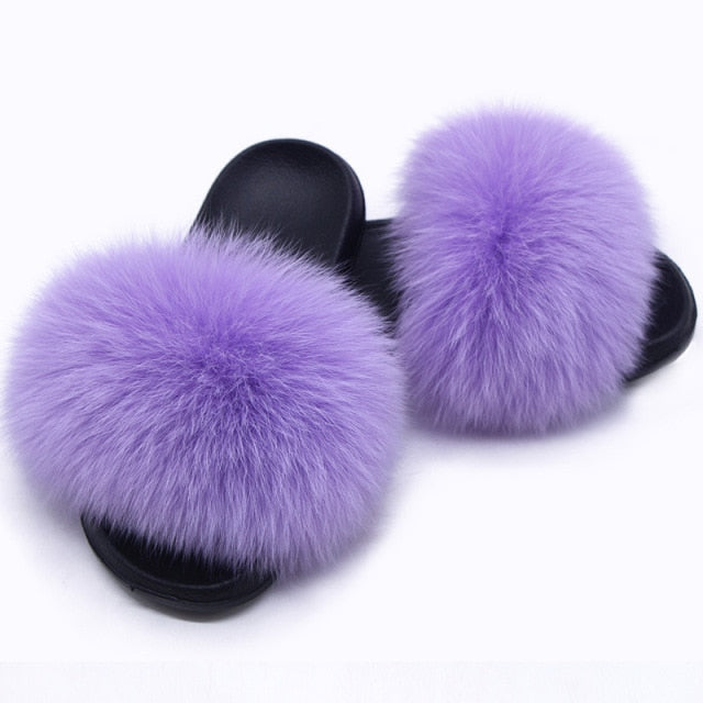 Women Summer Furry Fur Slippers Flat Non-slip Solid Real Fox Fur Slides Fluffy Slippers Ladies Shoes Woman Home Slipper