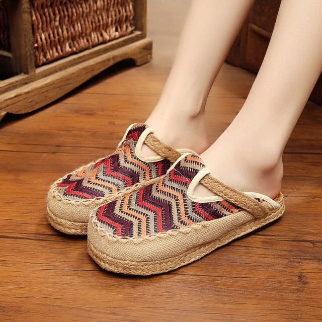 Woman Shoes Flats Embroidered Weave Canvas Antiquity Women's Slippers  Casual Mixed Colors Cover Toe Female Footwear 2021 New
