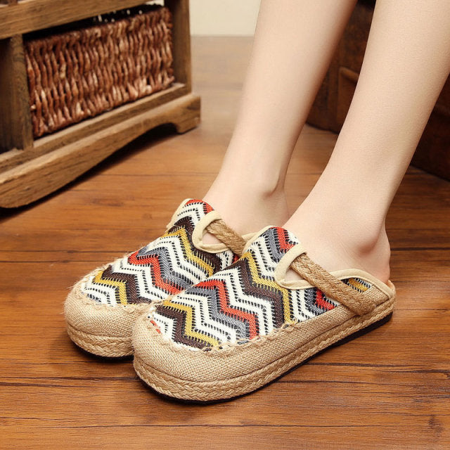 Woman Shoes Flats Embroidered Weave Canvas Antiquity Women's Slippers  Casual Mixed Colors Cover Toe Female Footwear 2021 New