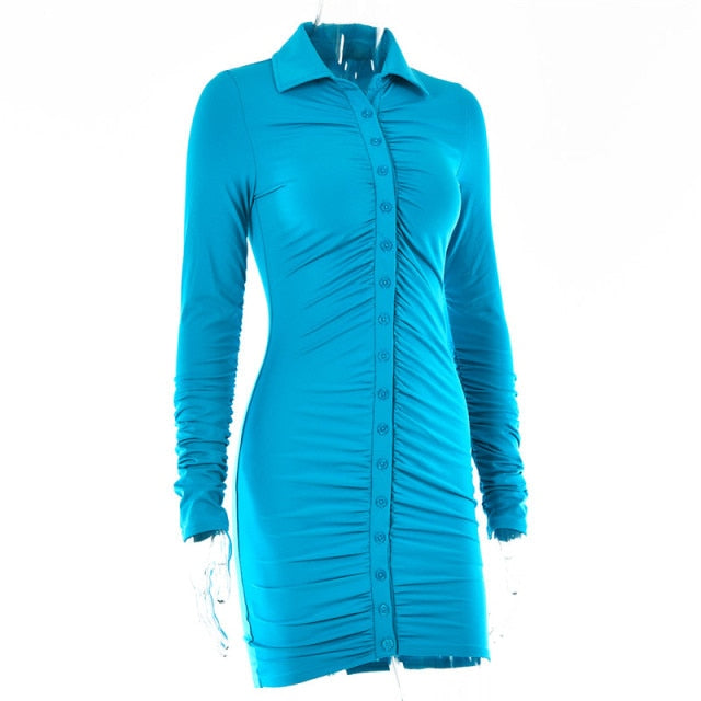 Articat New Autumn Casual Women's Dresses Vintage Bodycon Single-breasted Summer Dress Simply Ruched Y2K Women's Clothing 2021