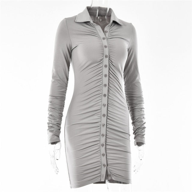 Articat New Autumn Casual Women's Dresses Vintage Bodycon Single-breasted Summer Dress Simply Ruched Y2K Women's Clothing 2021