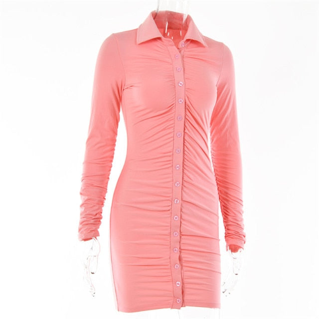 Articat New Autumn Casual Women's Dresses Vintage Bodycon Single-breasted Summer Dress Simply Ruched Y2K Women's Clothing 2021