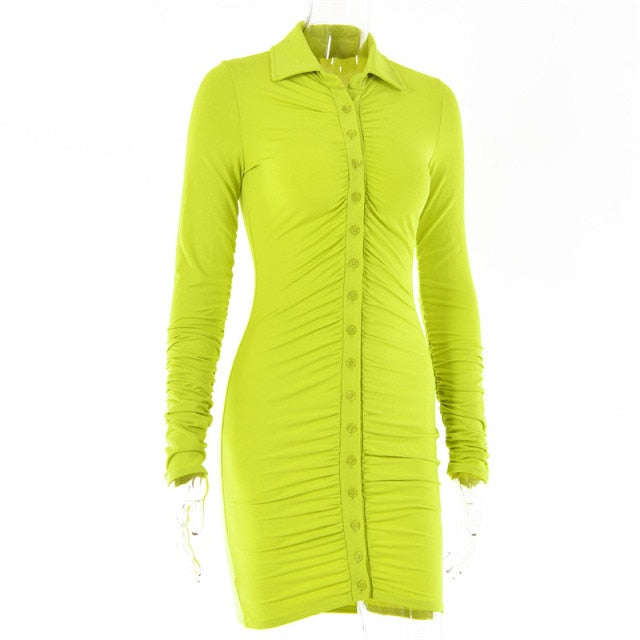 Articat New Autumn Casual Women's Dresses Vintage Bodycon Single-breasted Summer Dress Simply Ruched Y2K Women's Clothing 2021
