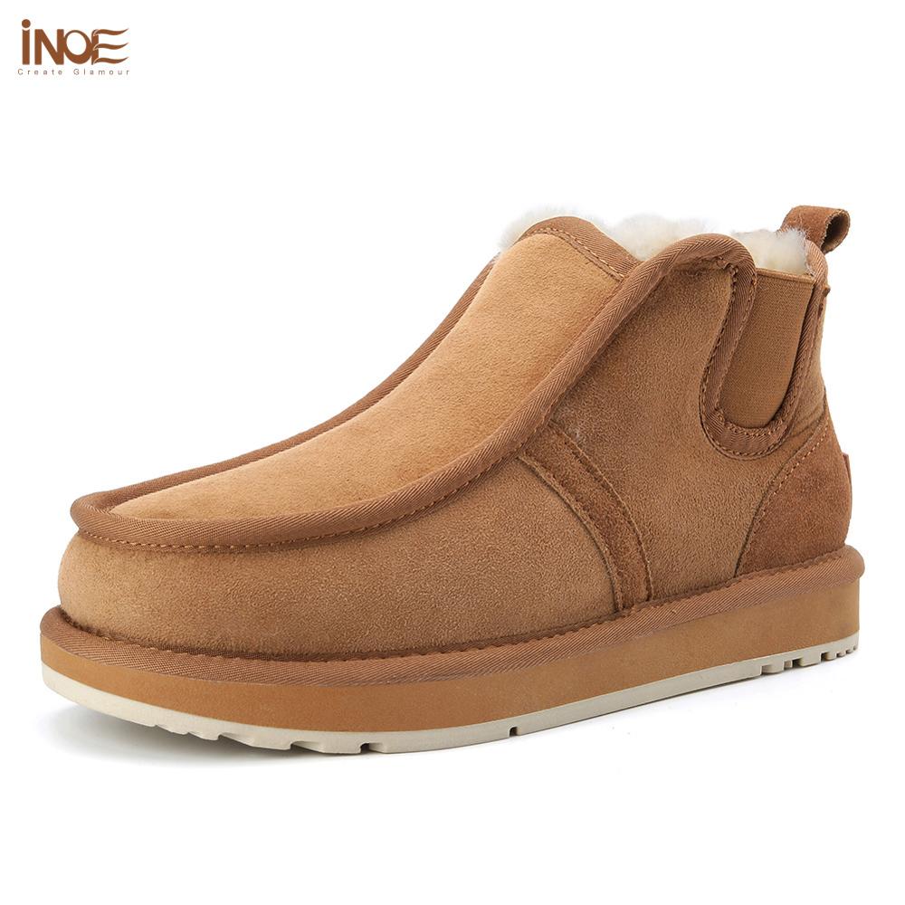 INOE Real Sheepskin Suede Leather Men Sheep Wool Fur Lined Winter Short Ankle Snow Boots With Zipper Keep Warm Shoes Waterproof