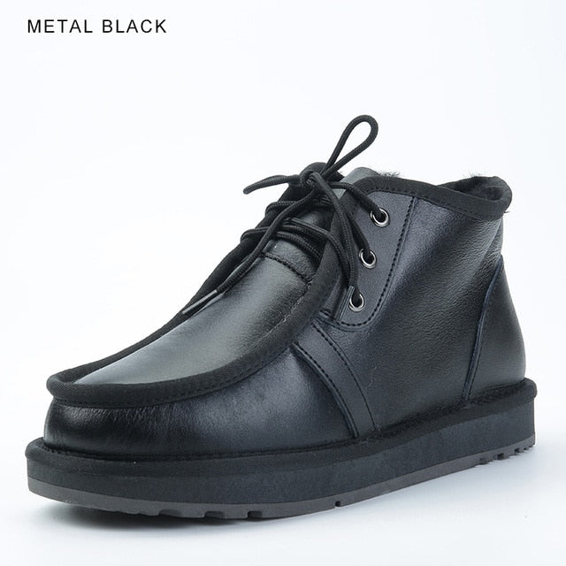 INOE Real Sheepskin Suede Leather Men Sheep Wool Fur Lined Winter Short Ankle Snow Boots With Zipper Keep Warm Shoes Waterproof