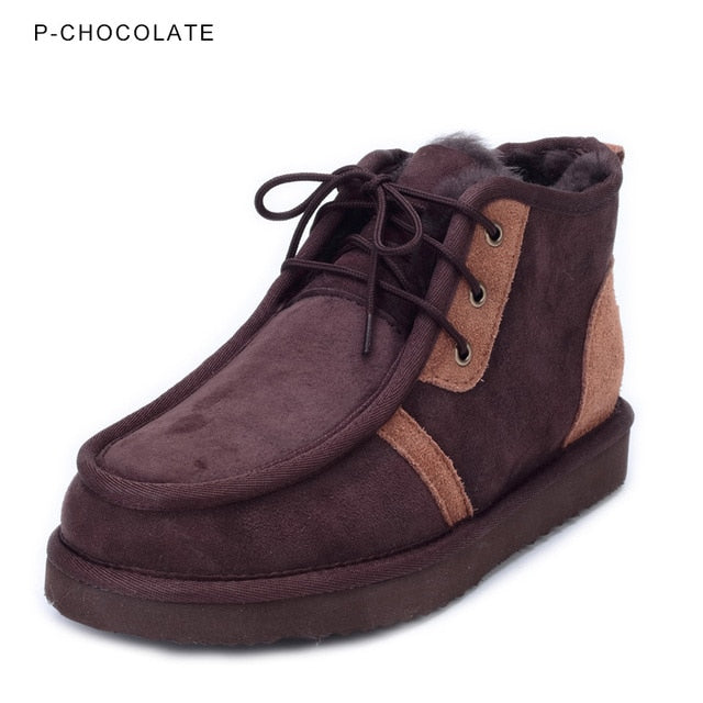 INOE Real Sheepskin Suede Leather Men Sheep Wool Fur Lined Winter Short Ankle Snow Boots With Zipper Keep Warm Shoes Waterproof