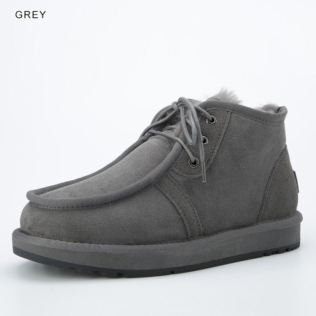 INOE Real Sheepskin Suede Leather Men Sheep Wool Fur Lined Winter Short Ankle Snow Boots With Zipper Keep Warm Shoes Waterproof