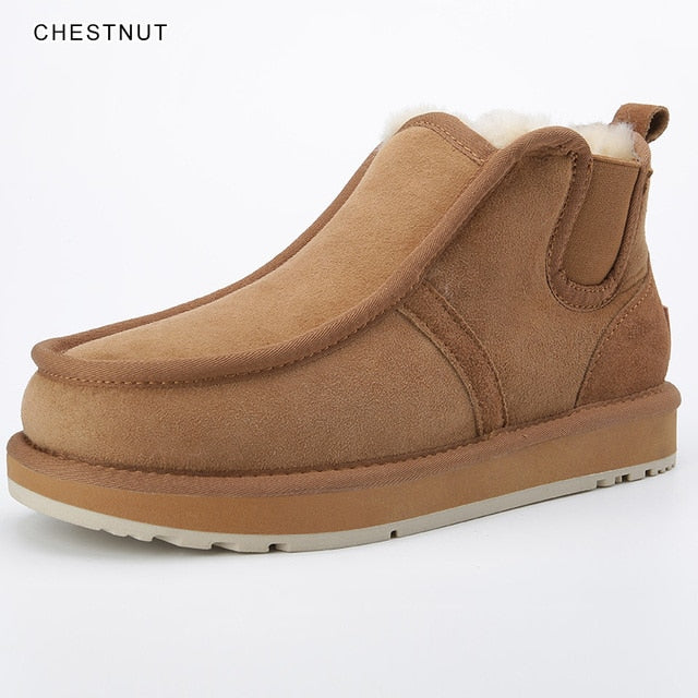 INOE Real Sheepskin Suede Leather Men Sheep Wool Fur Lined Winter Short Ankle Snow Boots With Zipper Keep Warm Shoes Waterproof