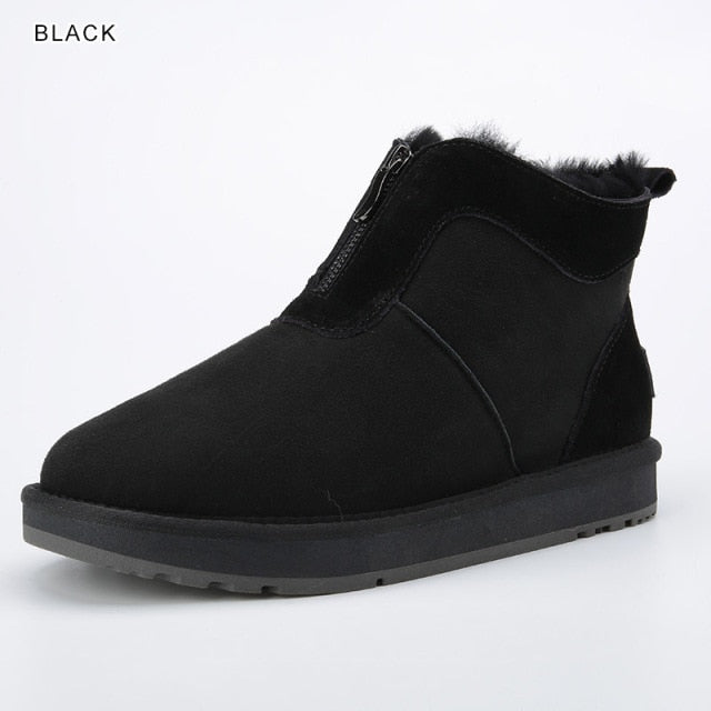 INOE Real Sheepskin Suede Leather Men Sheep Wool Fur Lined Winter Short Ankle Snow Boots With Zipper Keep Warm Shoes Waterproof
