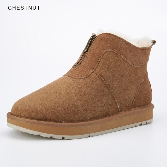 INOE Real Sheepskin Suede Leather Men Sheep Wool Fur Lined Winter Short Ankle Snow Boots With Zipper Keep Warm Shoes Waterproof