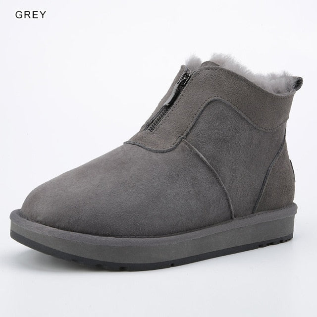INOE Real Sheepskin Suede Leather Men Sheep Wool Fur Lined Winter Short Ankle Snow Boots With Zipper Keep Warm Shoes Waterproof