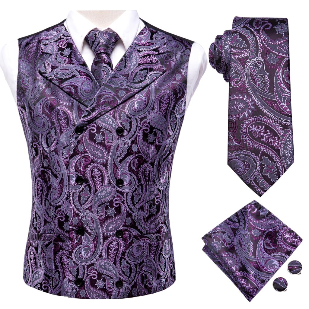 Silk Mens Vests Necktie Set Business Formal Dress Slim Waistcoat 4pcs Vest Tie Hanky Cufflinks for Suit Blue Red Paisley Floral