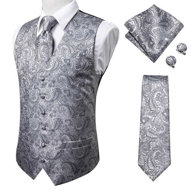 Silk Mens Vests Necktie Set Business Formal Dress Slim Waistcoat 4pcs Vest Tie Hanky Cufflinks for Suit Blue Red Paisley Floral