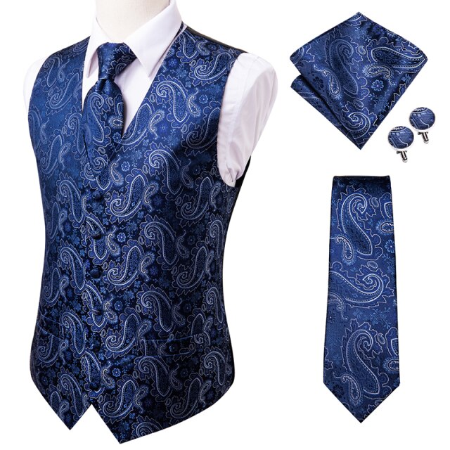 Silk Mens Vests Necktie Set Business Formal Dress Slim Waistcoat 4pcs Vest Tie Hanky Cufflinks for Suit Blue Red Paisley Floral