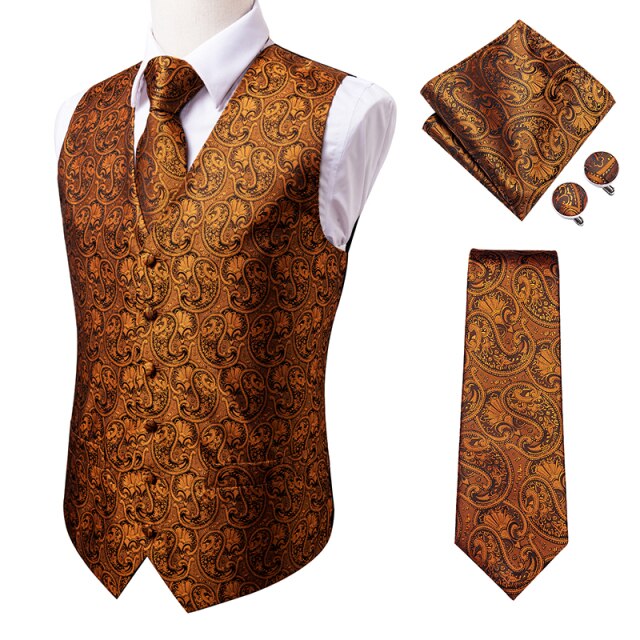 Silk Mens Vests Necktie Set Business Formal Dress Slim Waistcoat 4pcs Vest Tie Hanky Cufflinks for Suit Blue Red Paisley Floral