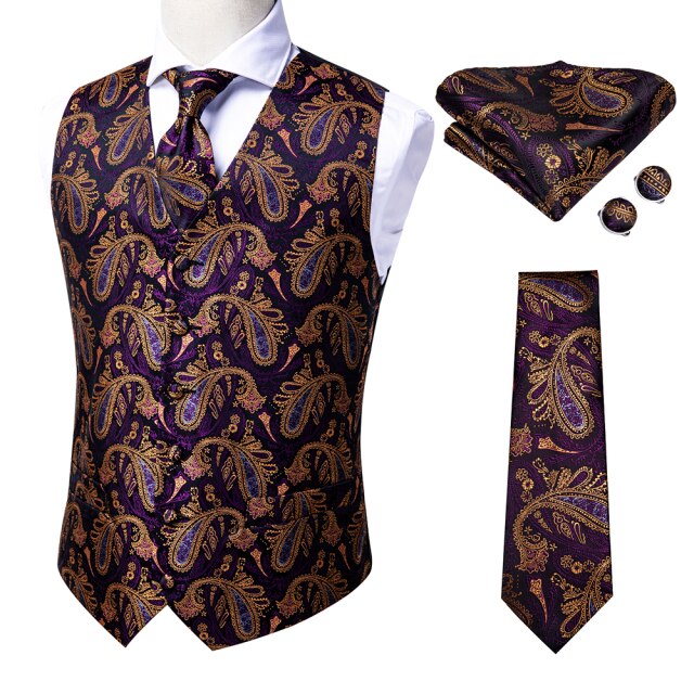 Silk Mens Vests Necktie Set Business Formal Dress Slim Waistcoat 4pcs Vest Tie Hanky Cufflinks for Suit Blue Red Paisley Floral