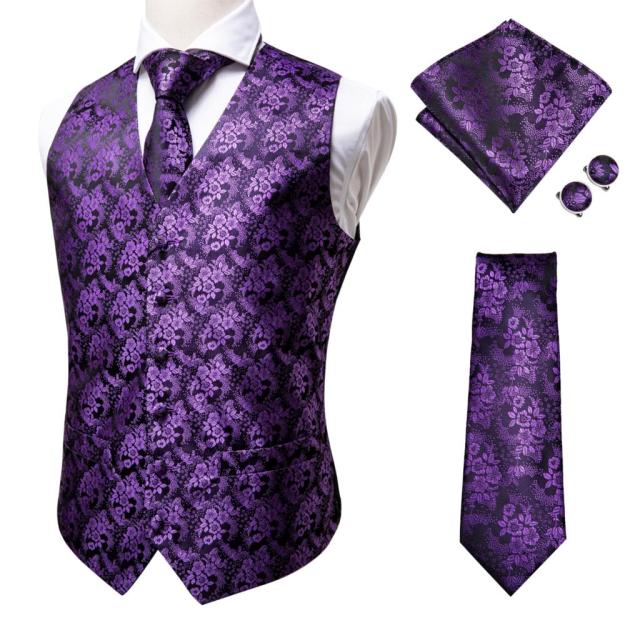 Silk Mens Vests Necktie Set Business Formal Dress Slim Waistcoat 4pcs Vest Tie Hanky Cufflinks for Suit Blue Red Paisley Floral