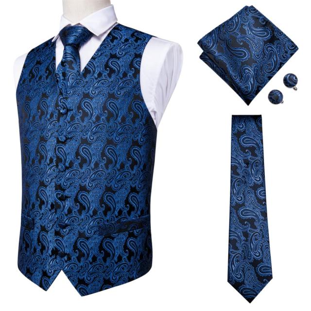 Silk Mens Vests Necktie Set Business Formal Dress Slim Waistcoat 4pcs Vest Tie Hanky Cufflinks for Suit Blue Red Paisley Floral