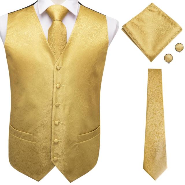Silk Mens Vests Necktie Set Business Formal Dress Slim Waistcoat 4pcs Vest Tie Hanky Cufflinks for Suit Blue Red Paisley Floral