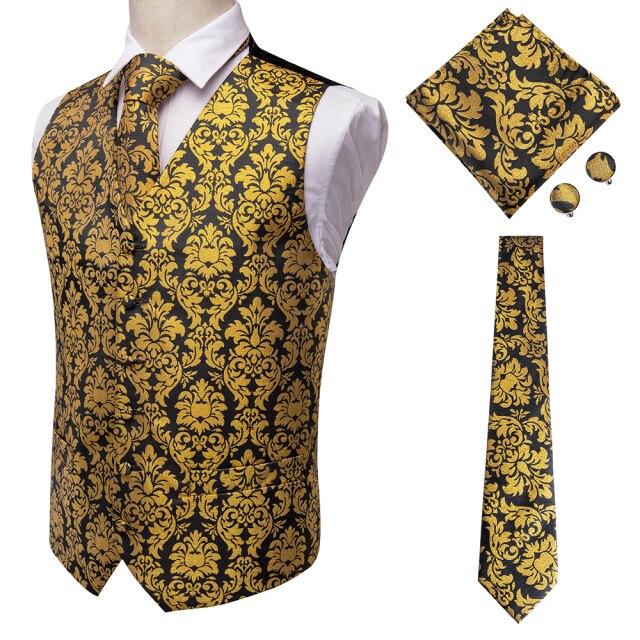 Silk Mens Vests Necktie Set Business Formal Dress Slim Waistcoat 4pcs Vest Tie Hanky Cufflinks for Suit Blue Red Paisley Floral