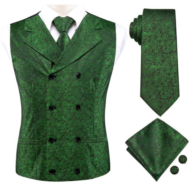 Silk Mens Vests Necktie Set Business Formal Dress Slim Waistcoat 4pcs Vest Tie Hanky Cufflinks for Suit Blue Red Paisley Floral